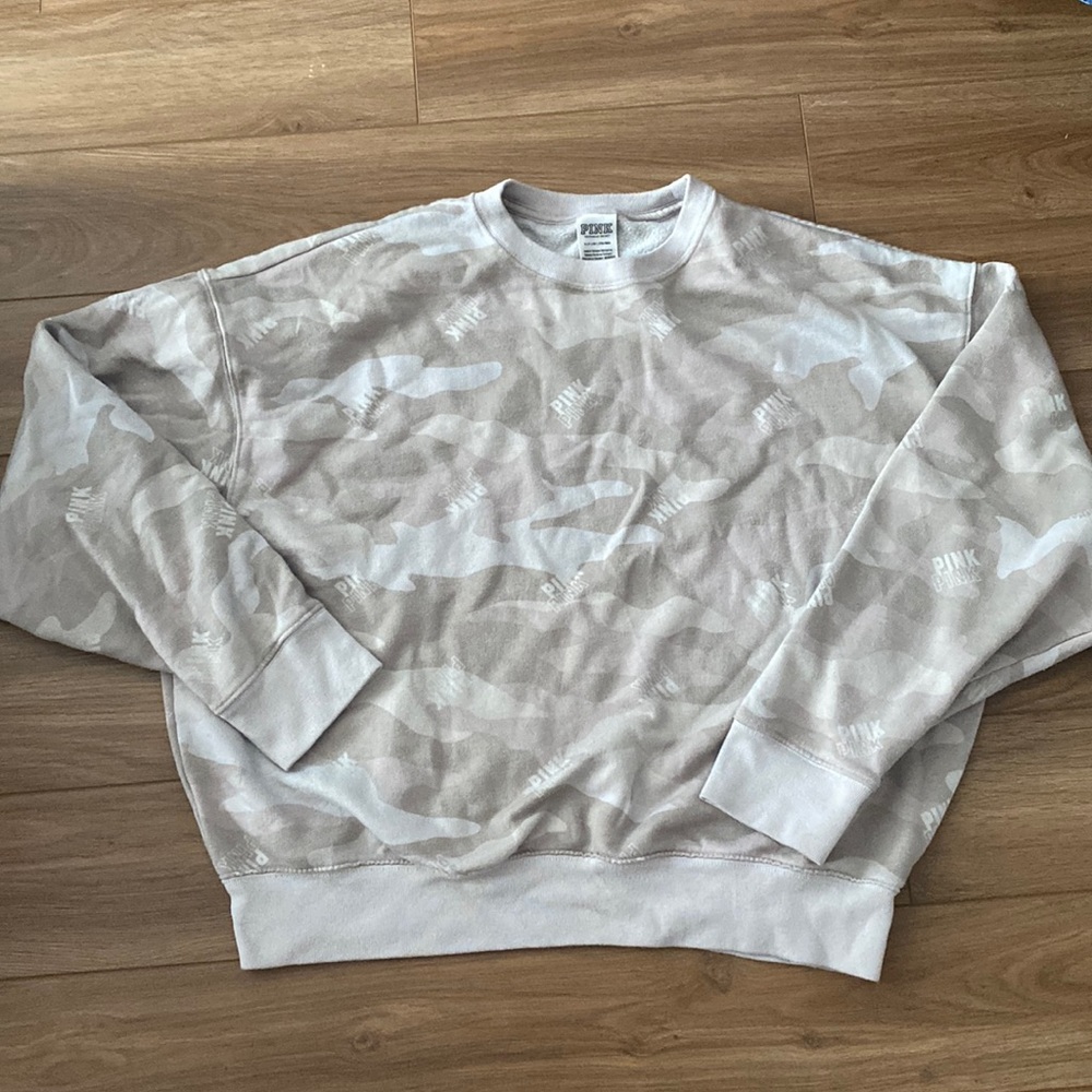 PINK small white beige camo logo crew neck sweatshirt sweater long sleeve shirt